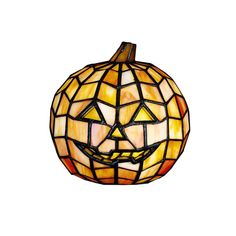 a stained glass pumpkin with a smiling face on it's side, against a white background