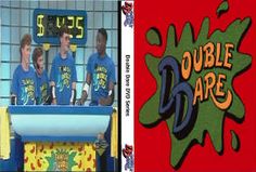 two pictures side by side, one with an image of three men in blue shirts and the other has a sign that says double dare