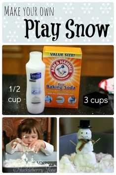 an ad for play snow with pictures of the product and instructions to make your own play snow