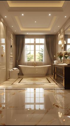 an elegant bathroom with marble floors and white walls, along with a large tub in the center