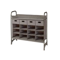 a metal storage unit with six drawers and two shelves on each side, in grey