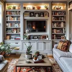 a living room filled with lots of furniture and bookshelves above a tv mounted on a wall