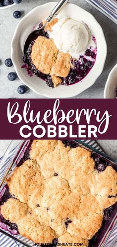 blueberry cobbler with ice cream on top in a white bowl and two plates