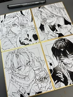 four black and white anime pictures on a table next to a marker board with pens