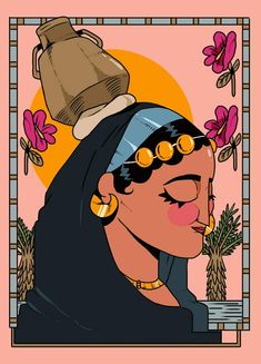 an egyptian woman wearing gold earrings and a blue headdress with a jug on her head