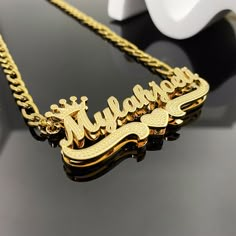 18K Gold Nameplate Necklace, Custom Double Name Plate, Name Necklace for Women, Custom Kid Necklace, Personalized Necklace, Gift for Her Kid . . . . . . . . . . . . . . . . . . . . . . . . . . . . . . . . .  * Product Description ♡ :  Elevate your personal style with the captivating 18K Gold Nameplate Necklace, a timeless and sophisticated accessory that exudes elegance and refinement. Crafted from luxurious 18-karat gold, this exceptional necklace features your name or initials beautifully engr Cheap Nameplate Necklace With Letter Print, Gold Metal Jewelry For Birthday Gift, Gold Metal Nameplate Necklace, Gold Name Necklace Latina, Necklace Name Design, Gold Nameplate Necklace, Gold Name Plate, Nameplate Necklace Gold, Xoxo Jewelry