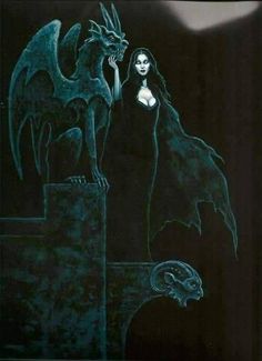 a woman standing next to a black dragon