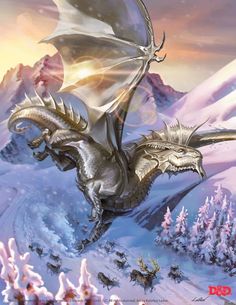 a white dragon flying over a snowy mountain