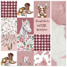 a pink and white patchwork pattern with horses, flowers, and words on it