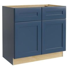 a blue cabinet with two doors and drawers