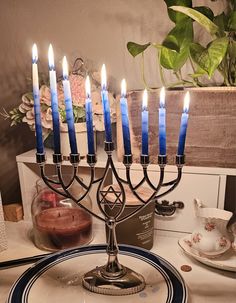 a hanukkah menorah on a plate with candles lit in it