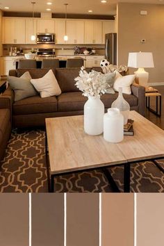 a living room with brown furniture and white accents on the walls is shown in this color scheme