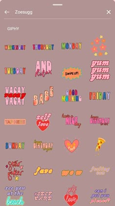 a bunch of stickers that are on the back of a cell phone, with different font