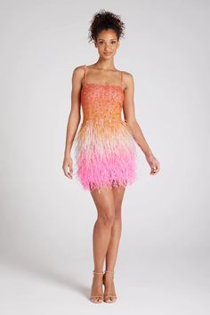 Cassie Sunset Dress | Dresses | NADINE MERABI Sunset Dress, Nadine Merabi, Ibiza Dress, Embellished Mini Dress, Champagne Dress, Orange Baby, Feather Trim, Rainbow Dress, Pink Tone