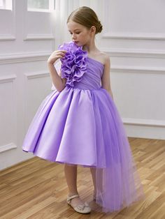 Young Girl Floral Decor Asymmetric Neck Mesh Contrast Party Dress, Princess Style, Suitable For Birthday Gift, Banquet, Flower Girl, Wedding, Ball, Party, School Performance, Holiday Occasion Purple Party  Sleeveless Fabric Plain Fit and Flare Non-Stretch All Young Girls Clothing, size features are:Bust: ,Length: ,Sleeve Length: Banquet Flower, School Performance, Flower Girl Wedding, Baby Birthday Gifts, Ball Party, Purple Party, Party School, Princess Gown, Dress Princess