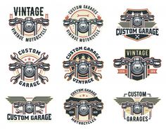 set of vintage motorcycle garage emblems and badges