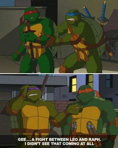 two pictures of the same character in teenage mutant, one with ninjas on his chest and