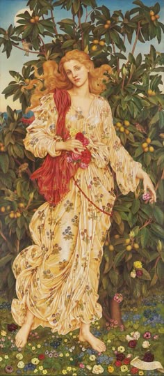 a painting of a woman standing in the middle of a forest with flowers and leaves