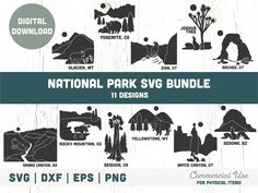 the national park svg bundle includes mountains, trees, and other things to see