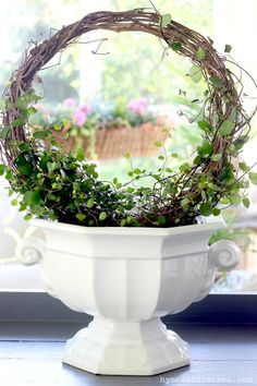 a white bowl with some plants in it