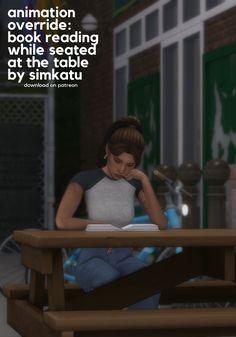 a woman sitting at a table reading a book with the caption animation overridding books reading while seated at the table by smkatu