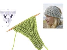 a woman wearing a knitted headband next to an image of a knitting pattern