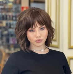 Medium Haircut with Choppy Layers Bangs Round Faces, Shaggy Lob With Bangs, Shaggy Lob, Lob With Bangs, Shaggy Bob Haircut, Short Shag Haircuts, Textured Haircut, Bangs For Round Face, Shaggy Bob