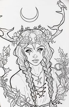 a drawing of a woman with horns on her head