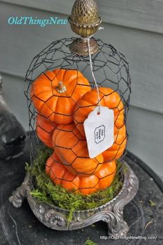 there are many pumpkins in the basket on the table and one is labeled with an old thing news