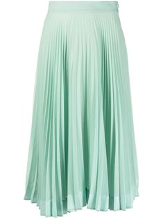 pleated midi skirt from PLAN C featuring mint green, cotton blend, fully pleated, high waist, concealed side zip fastening and knee-length. Chic Green Midi Pleated Skirt, Luxury Green Lined Pleated Skirt, Mid Skirt Outfits, Green Pleated Non-stretch Skirt, Blue Flowy Midi-length Pleated Skirt, Outfit Ideas Hijab, Mint Green Outfits, Green Non-stretch Pleated Maxi Skirt, Mint Green Skirts