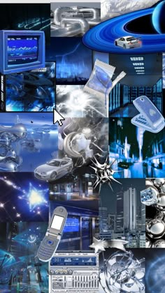 a collage of various images with cell phones and other things in them that are blue