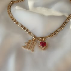 18k Gold Plated Red Heart & Old English Letter Necklace with Figaro Chain Made with love in İstanbul Delivery time max 7-14 days.. Name Necklaces, Letter Charm, Jewelry Fashion Trends, Girly Jewelry, Stunning Jewellery