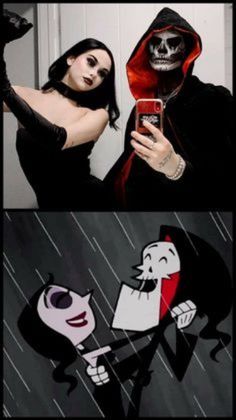 two pictures one with a woman and the other with a skeleton holding an umbrella in the rain