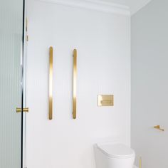 a white toilet sitting next to a shower in a bathroom under two golden handles on the wall