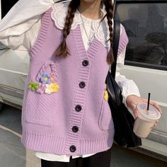 Shipping: Worldwide Express Shipping AvailableDelivery time: 7-15Days Fast ShippingReturns: Fast refund, 100% Money Back Guarantee. Cute Sweater Vest, Knit Vests, Preppy Fashion, Purple Vests, Female Tops, Women Flower, Purple Cardigan, Vest Women, Yellow Knit