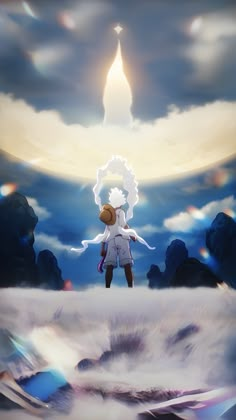 a person standing in front of a sky with clouds