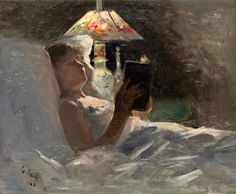 a painting of a woman laying in bed reading a book with a lamp on her head