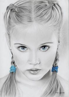 a drawing of a girl with braids on her hair and blue earrings in front of a white background