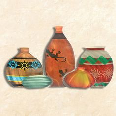 three vases with different designs on them