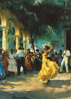 a painting of a woman in a yellow dress dancing with other people around her and palm trees