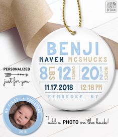 an ornament for a baby's birth announcement