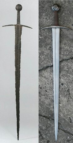 two different types of swords are shown in this image and the same one is made out of metal