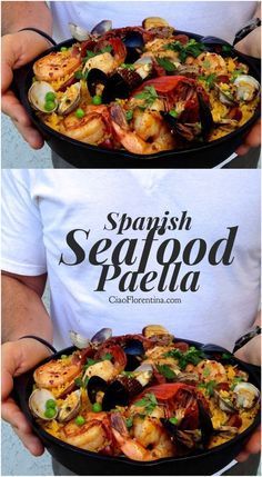 two photos of seafood paella in a skillet with the words supsh seafood paella on it