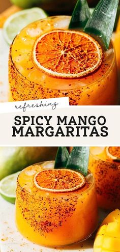 an image of spicy mango margaritas with text overlay