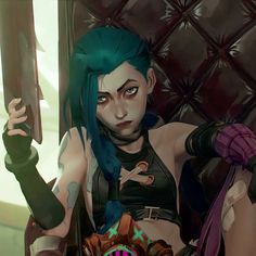 a woman with green hair and tattoos sitting on a chair holding a knife in her hand