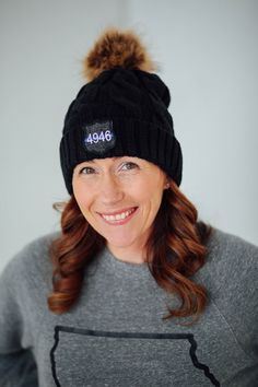 Black Cable Knit Pom Pom Hat | Custom Badge – Adorned and Worn Badge Gear Knit Pom Pom Hat, Knit Pom Pom, Hat Custom, Hat Patches, Pom Pom Hat