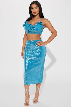 Available In Aqua. Velvet Sequin Skirt Set Spaghetti Straps Scoop Neck Floral Applique Ruffles Cropped Midi Skirt Partial Lining Invisible Side Zipper Stretch Self: 100% Polyester Lining: 100% Polyester Imported | Got A Crush Velvet Sequin Skirt Set in Aqua size Large by Fashion Nova Amaya Colon, Tight Dress Outfit, A Crush, Curve Dresses, Floral Applique, Crushed Velvet, Matching Dresses, Dress Outfit, Clothing Styles