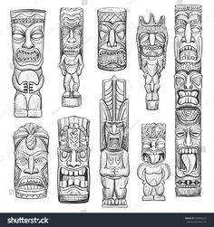 totems in different styles and designs on a white background, hand drawn illustration