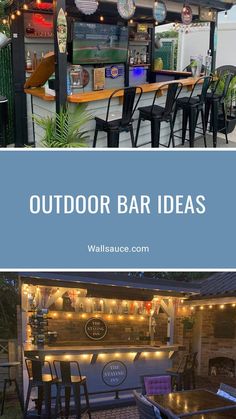 an outdoor bar with lights and chairs around it, in the background is a blue sign that says outdoor bar ideas