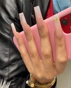 Ombre Nude Acrylic Nails, Nude Nails With Rhinestones, Coffin Nails Designs